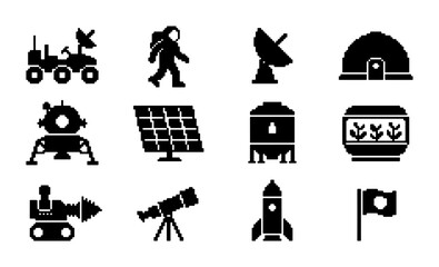Space Exploration Icons Set, Astronaut, Rocket, Rover, Telescope, Solar Panel, Satellite Dish, Lunar Lander, Greenhouse, Black Silhouette Vector Graphics for Science and Technology Concepts © PixelArtBox