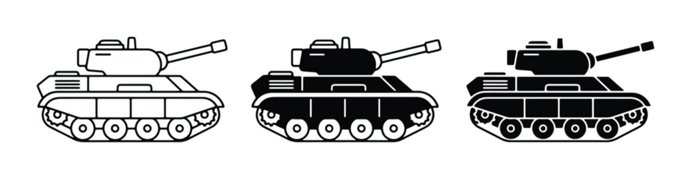 Military Tank Icons, Set of 3, Black and White Vector Graphics for War and Defense Concepts
