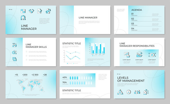 Strategic workforce alignment metrics presentation template set. Corporate optimization framework. PPT slides on light blue gradient background. Pitch deck layout with cover. Modern report design