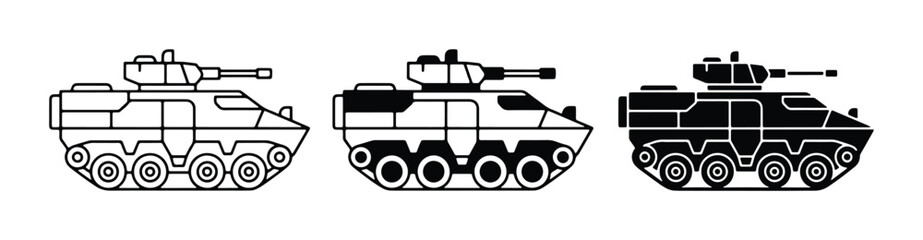 Armored Vehicle Icons: Military Transport, Combat Tank, Wheeled APC Set © Arifuz