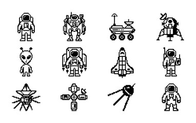 Retro Pixel Art Space Icons Set, Astronauts, Aliens, Rockets, Satellites, Lunar Lander, Robot, Rover, 12 Vector Elements © PixelArtBox
