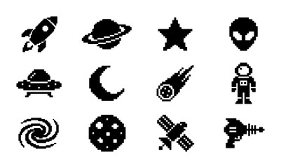 Pixel Art Space Icons Set: Rocket, Alien, Astronaut, Planet, UFO, Galaxy, Star, Moon, Satellite, Meteor, Moon Surface, Ray Gun Graphics © PixelArtBox