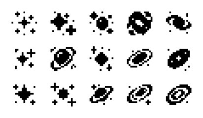 Pixel Art Space Icons, Cosmic Galaxy & Star Clusters, Retro Sci-Fi Universe Elements, 15 Vector Graphics Set © PixelArtBox