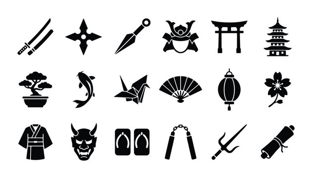 Japanese Culture Icons Set: Samurai, Ninja, Geisha, Bonsai, Koi, Lanterns, Torii Gate