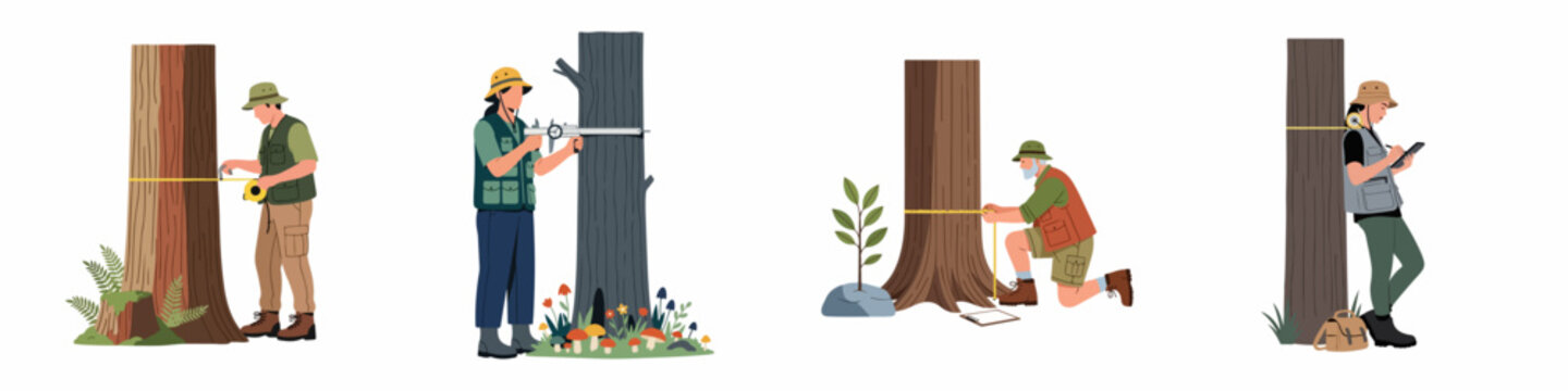 Illustrations of professional foresters and arborists measuring tree trunk diameters using various specialized tools like tape measures, calipers, and digital tablets in a forest.