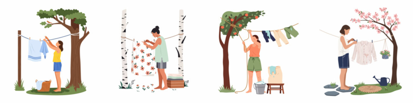 Set of four flat illustrations showing women hanging their freshly washed laundry on clotheslines outside among trees in various garden settings.