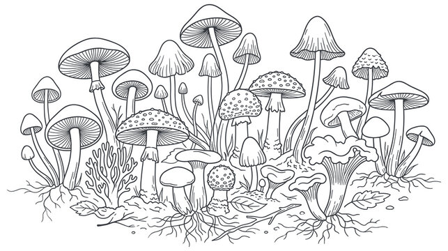 Mushroom fungi family line art drawing outline illustration isolated white background.