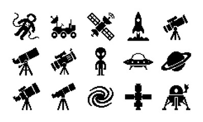 Space Exploration Icons Set: Astronaut, Rocket, Telescope, Alien, Satellite, Planets, UFO, Rover, Galaxy, Lunar Lander Vector Graphics © PixelArtBox