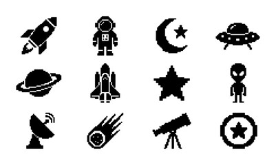 Pixel Art Space Icons Set: Rocket, Astronaut, UFO, Planet, Star, Alien, Telescope, Comet, Moon, Satellite, Astronomy, Sci-Fi Graphics © PixelArtBox