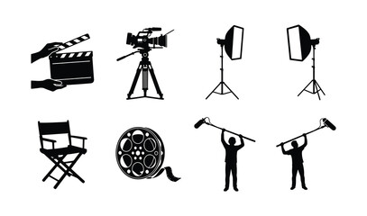 Film Production Icons Set: Camera, Lights, Boom Mic, Director's Chair, Clapperboard, Film Reel © MdIbrahim