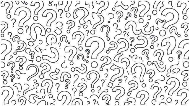 Monochromatic question marks forming a dense pattern on white, graphic design.