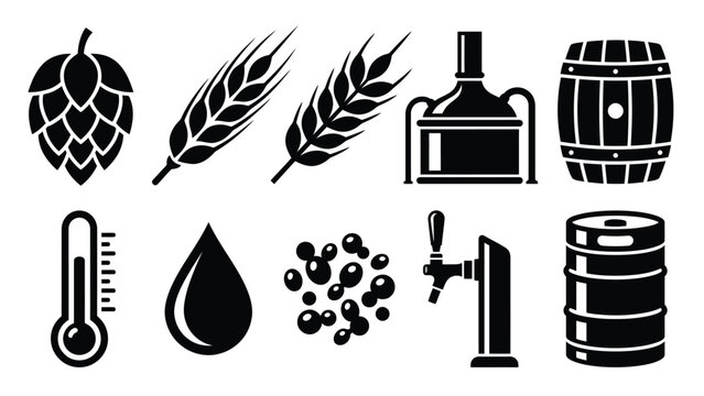Brewery and craft beer production vector icon set with brewing equipment and natural ingredients.