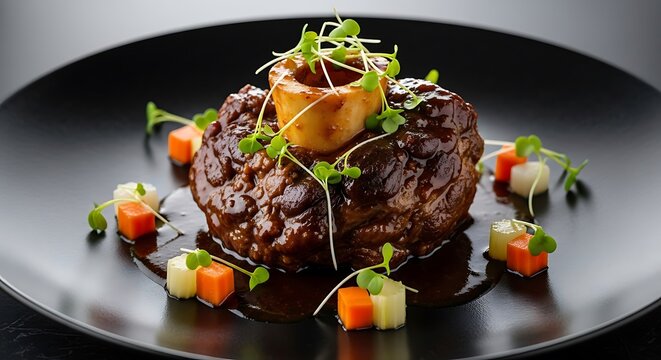 Delicious gourmet osso buco beef shank served on a black plate with fresh herbs and diced vegetables. veal osso bucco