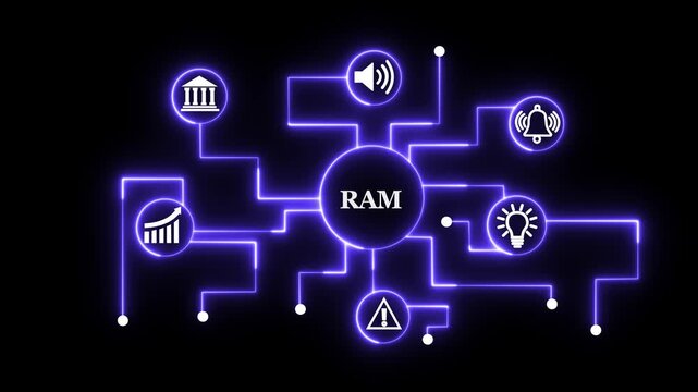 Dynamic ram memory technology concept featuring glowing neon circuitry connections and digital interface for advanced computing, data processing, system performance, and cyber security visualization