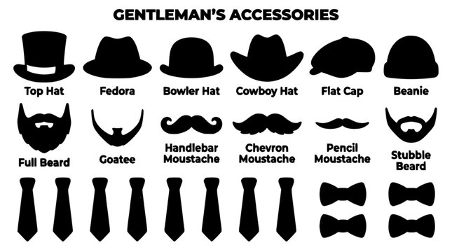 Gentleman's Accessories Icons Set with Top Hat, Fedora, Bowler Hat, Cowboy Hat, Flat Cap, Beanie, Mustache and Beard