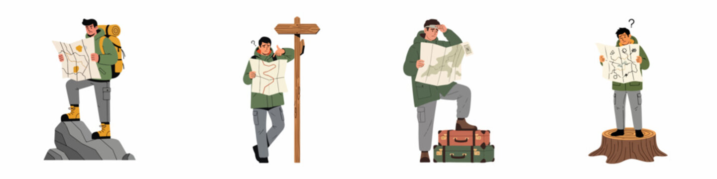 Set of confused male travelers and hikers looking at paper maps, searching for direction and getting lost in various outdoor scenarios.
