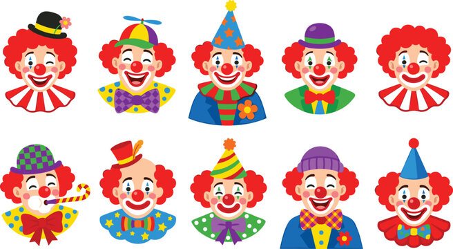 Cute Circus Clown Avatar and Face Vector Icon Set with Colorful Costumes, Funny Hats, and Happy Expressions for Kids Party Designs