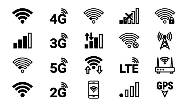 Network Icons Representing Various Connectivity Symbols and Technology Standards Featuring 2g, 3g, 4g with 5g and Lte Elements for Gps, Wi-Fi
