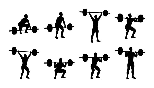 Weightlifting Exercise Silhouettes, Barbell Training Sequence, Strength Workout Poses, Fitness Routine Icons