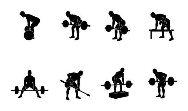 Weightlifting Exercise Silhouettes, Barbell and Dumbbell Training Poses, Fitness Routine Icons, Strength Workout Set, Gym Activity Illustrations