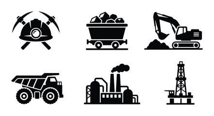 Mining Industry Icons: Excavator, Dump Truck, Oil Rig, Coal Cart, Factory, Hard Hat © Samia