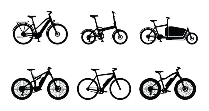 Electric Bicycle Set, Six Modern E-bike Silhouettes, Urban Commute & Cargo Transport Vector Icons