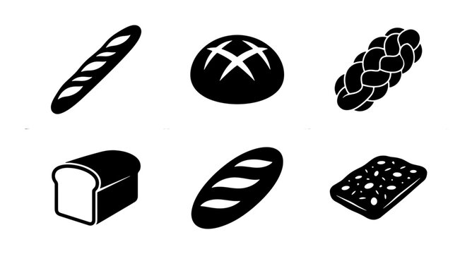 Six Black and White Vector Icons of Assorted Bread Types: Baguette, Round Loaf, Challah, Sliced Bread, Oval Loaf, and Seeded Bread for Bakery and Food Graphics