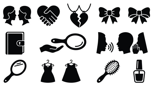 Set of beauty and relationship icons including couple profiles, handshake, broken heart pendant, and cosmetic items.