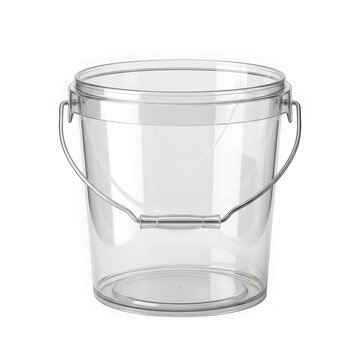 Empty transparent plastic bucket with a metal handle isolated on transparent background