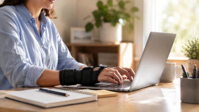 Woman wearing wrist splint typing on laptop at wooden desk, managing work during injury with ergonomic home office setup, showing occupational health adaptation