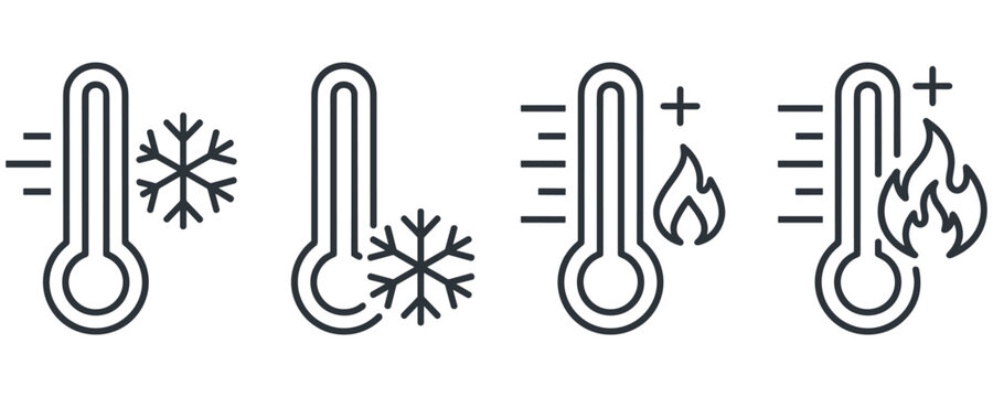 Set of thermometers with different temperature conditions, weather icons.