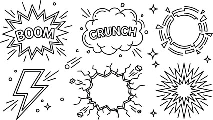 Comic book explosion and crash line icon set with boom crunch text effects vector illustration on white background © AKTAR