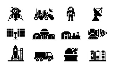 Space Exploration Icons Set: Astronaut, Rocket, Lunar Lander, Rover, Satellite, Observatory, Solar Panels, Batteries, Drill, Habitation Modules, Truck, Vector Graphics © PixelArtBox