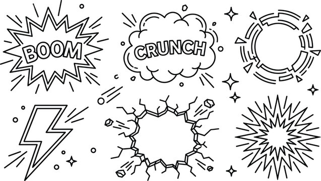 Comic book explosion and crash line icon set with boom crunch text effects vector illustration on white background