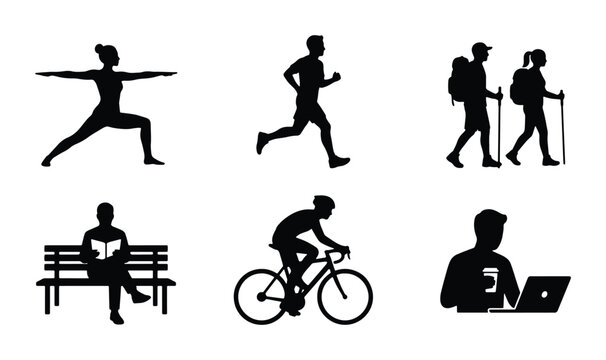 Silhouette Icons: Yoga, Running, Hiking, Reading, Cycling, Laptop User, Active Lifestyle