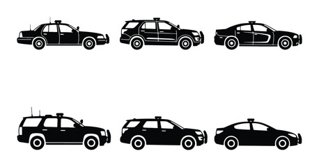 Police Car Icons, Law Enforcement Vehicle Silhouettes, Black and White Vector Graphics Set © Samia