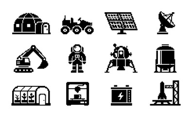 Space Exploration Icons, Astronaut Gear, Lunar Lander, Rover, Satellite Dish, Solar Panel, Rocket Launch Pad, Greenhouse, Excavator, Storage Tank, 3D Printer, Battery © PixelArtBox