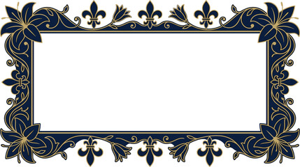 Ornate Vintage Baroque Border Frame Vector Design with Navy Blue and Luxury Gold Floral Accents and Fleur De Lis Royal Motifs © Najir