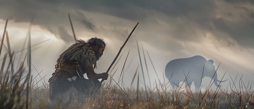 Hunter in misty landscape with elephant sighting.