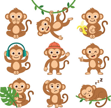 Cute Cartoon Monkey Character Vector Illustration Set with Various Poses Eating Banana Listening to Music Hanging on Vine and Sleeping