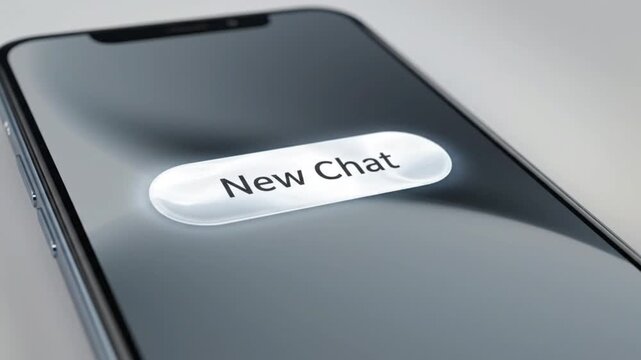 Detailed view of a modern smartphone displaying a prominent 'New Chat' button on its screen. The image focuses on technology and communication.
