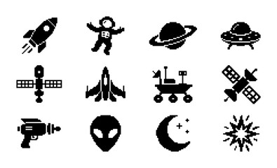 Space Icons Set, Vector Graphics Collection: Rocket, Astronaut, UFO, Alien, Moon, Satellite, Spaceship, Rover, Planet, Laser Gun, Cosmic Explosion, Sci-Fi Elements © PixelArtBox
