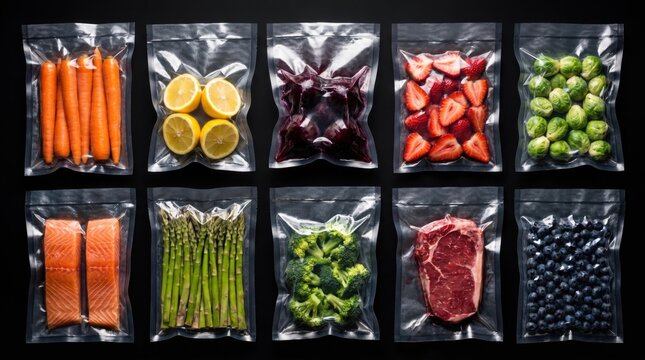 Assorted fresh food items in vacuum sealed plastic bags
