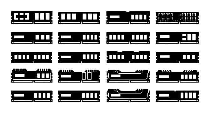 Computer RAM Modules Collection, Memory Sticks Icons, DDR SDRAM Components, Digital Technology Hardware Elements, Vector Graphics Set