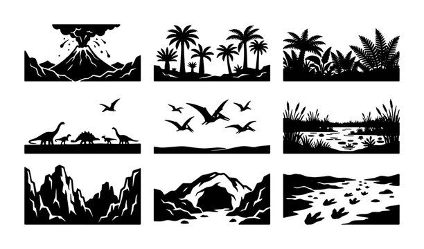 Dinosaur Landscape Silhouettes, Prehistoric Scenes, Extinct Animals, Volcano, Tropical Flora, Pterodactyls, Cave Entrance, Footprints, Vector Set