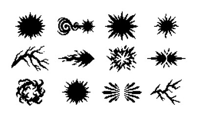 Explosion Burst Effects, Starburst Shapes, Dynamic Impact Graphics, Set of 12 Black Vector Elements © PixelArtBox