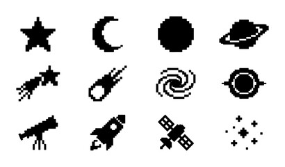 Obraz premium Pixel Art Space Icons Set, Retro Cosmic Icons Collection, Celestial Objects and Rocketship Vector Graphics, Astronomy Symbols Pack
