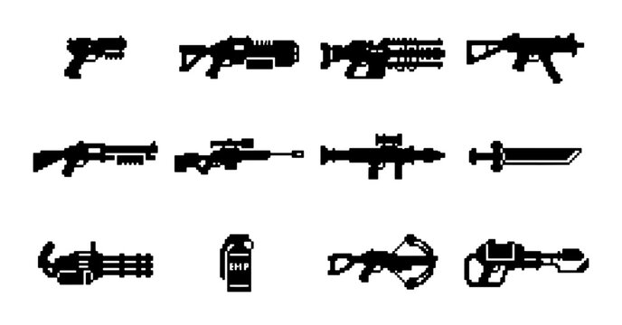 Sci-Fi Weapon Icons Set, Futuristic Firearm Silhouettes, Military Gun Vector Graphics, Combat Armament Collection