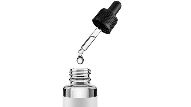 Glass serum dropper bottle with black cap and clear liquid drop