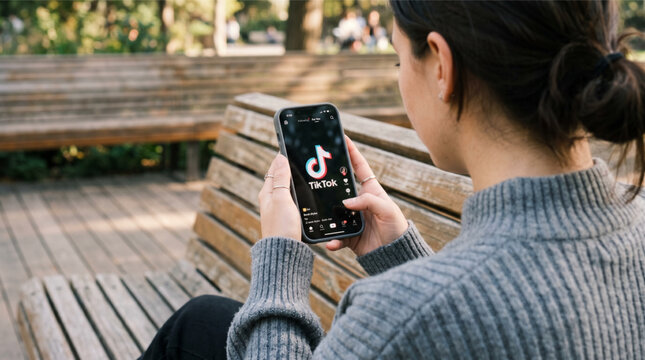 TikTok social media app on the smartphone iPhone screen held by a young woman sitting on a wooden bench in a park. Mobile video application interface design mockup on phone. Lifestyle outdoor.